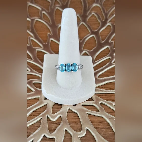 Paraiba Apatite With Diamond Accent Ring Set In Platinum Over 925 Sterling Sz 8 - Picture 1 of 10